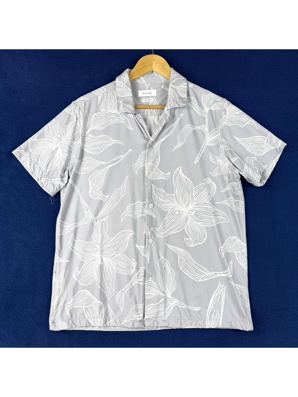 Porter & Ash Kinetic Stretch Floral Camp Shirt Gray White Hawaiian Casual Mens M